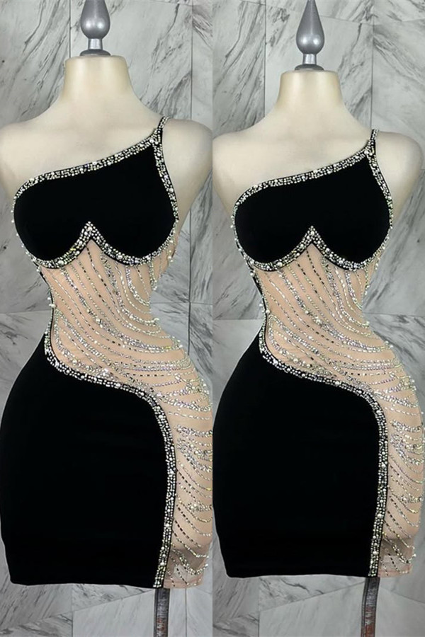 Bellasprom Black One Shoulder Short Prom Dresses Sleeveless With Beadings Bellasprom