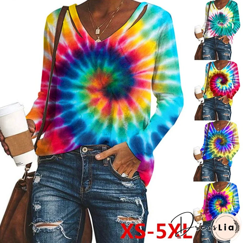 Women Ladies Fashion Long Sleeve Tie Dye Print T Shirts Casual V-neck Tops Blouse