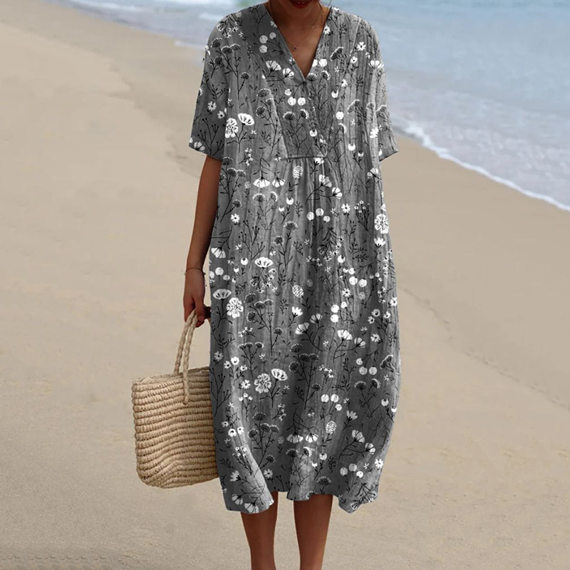 Comstylish Flower Art Print Casual V-Neck Cotton And Linen Dress