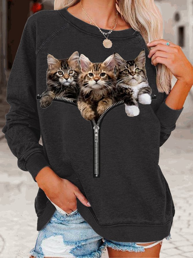 Womens Cat Lover Casual Crew Neck Sweatshirt