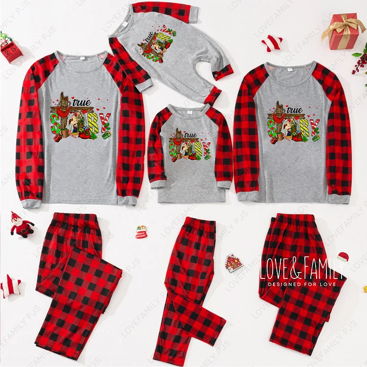 True Story Nativity Family Matching Buffalo Plaid Pajamas(Gray)