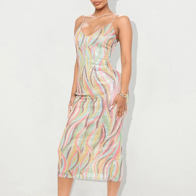 Print Sequins Sleeveless V-Neck Back Slit Midi Dress - IRBOOM Fashion Clothing