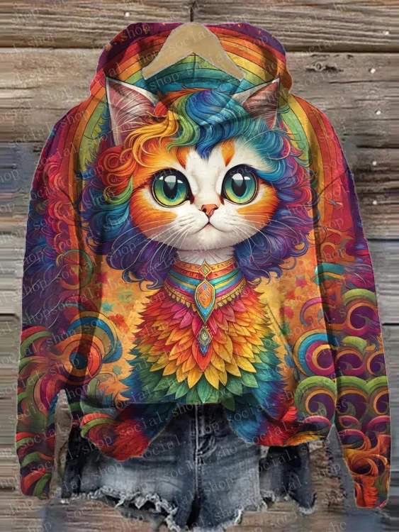 Women's Cute Cat Print Loose Hooded Sweatshirt socialshop