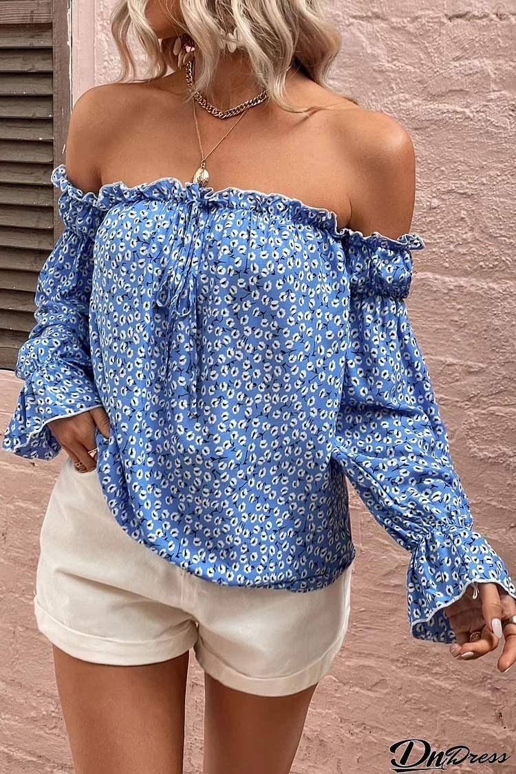 Off Shoulder Printed Frill Trim Blouse