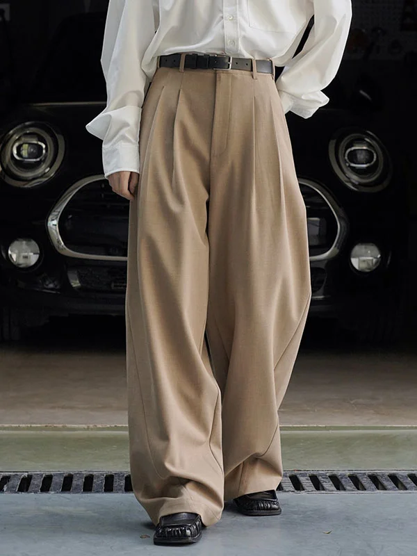 High Waisted Roomy Pleated Pure Color Split-Joint Casual Pants Bottoms Trousers