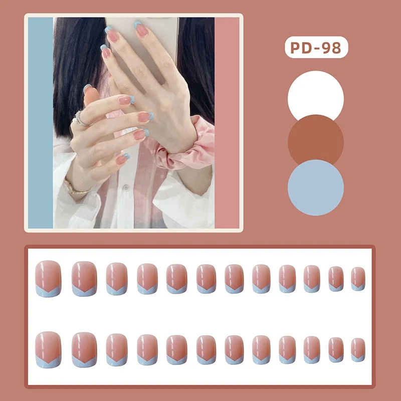 24PCS Fashionable Pink Metal Fake Nail press on Wearable Square Shape Glue model Decorated Finished Fake Nail with glue Product-Nail Inspo