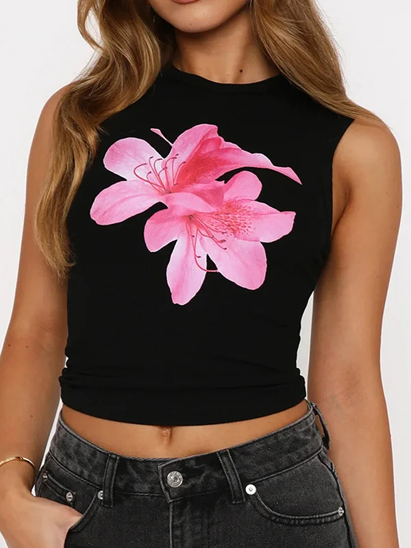 Flower Print Sleeveless Skinny Round-Neck Vest Top