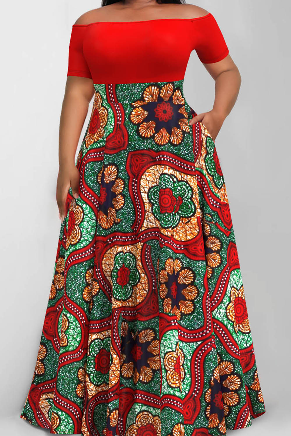 Design Plus Size Boho Colorblock Floral Print A-Line Off Shoulder Ankara Maxi Dresses [Pre-Order]
