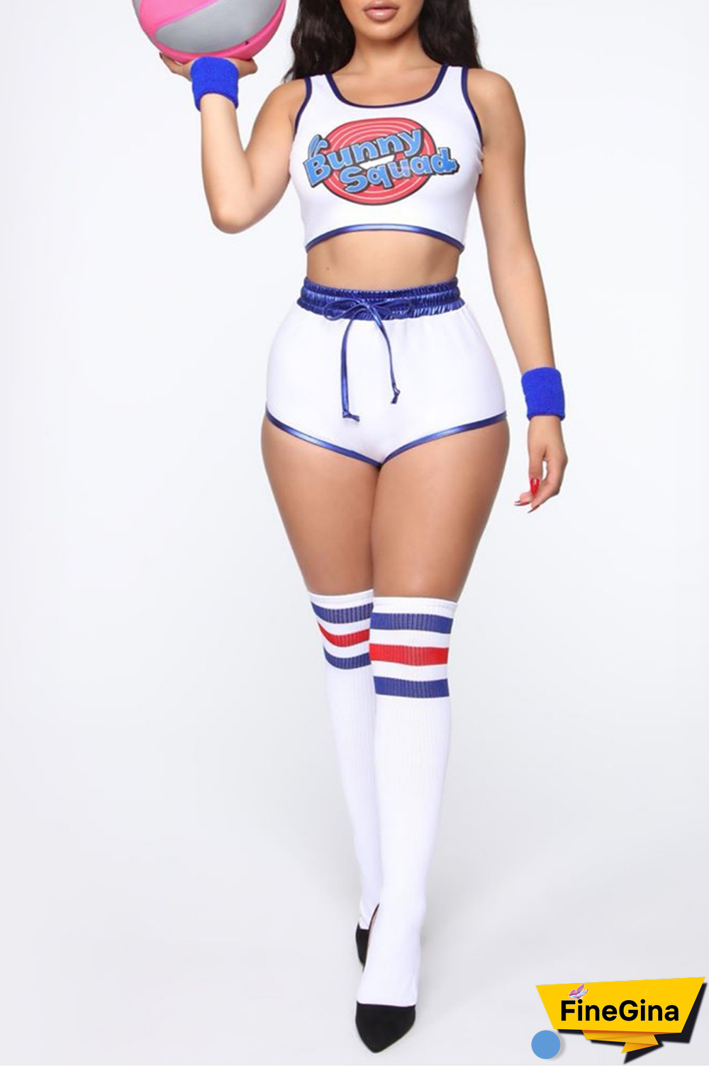 White Party Print Patchwork U Neck Sleeveless Two Pieces