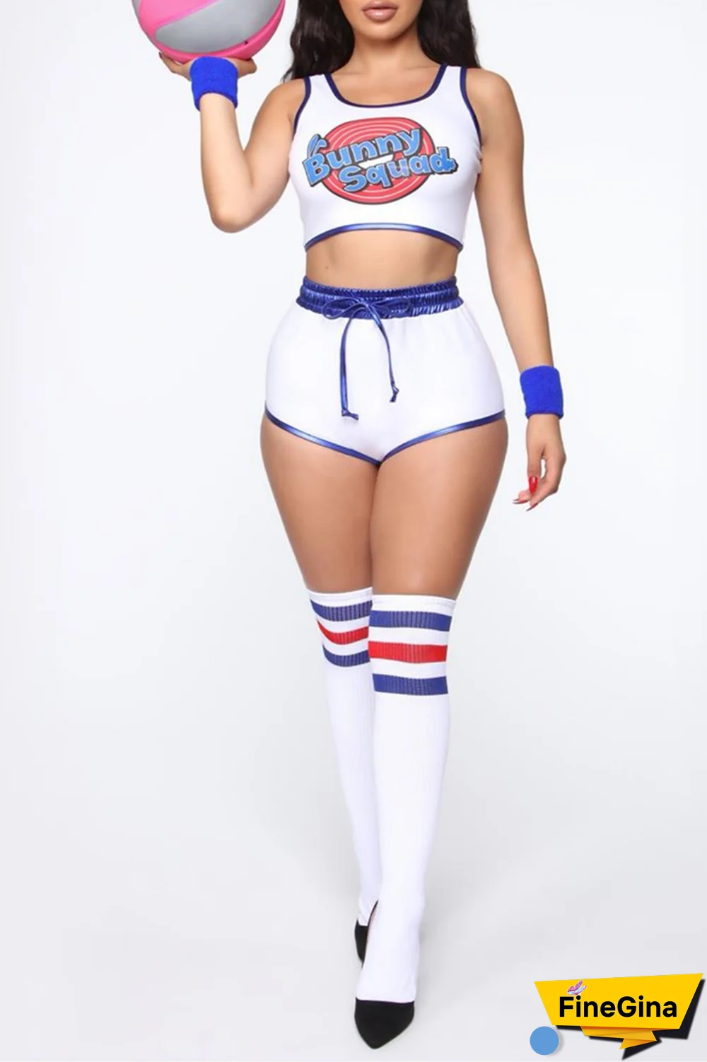 White Party Print Patchwork U Neck Sleeveless Two Pieces