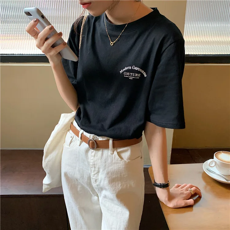 Uveng Uveng Schoolgirl Short-Sleeved Jacket Summer 2024 New Korean Edition Loose Versatile Letter Half-Sleeve T-Shirt