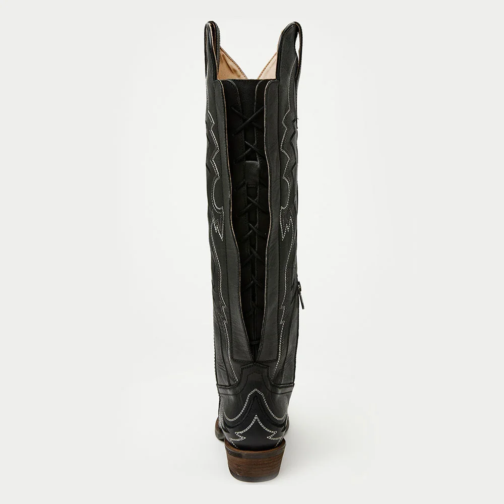Black Lace-Up Block Heel Knee High Embroidered Cowgirl Boots