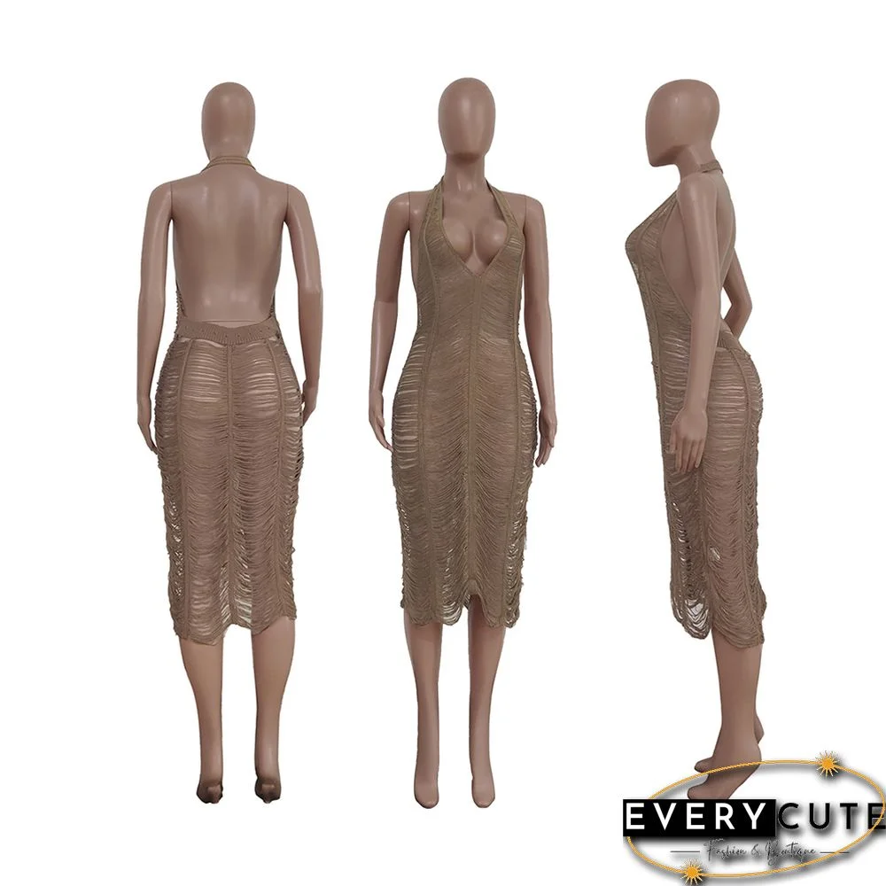 Khaki Polyester Hollow Out Halter Beach Cover Dress