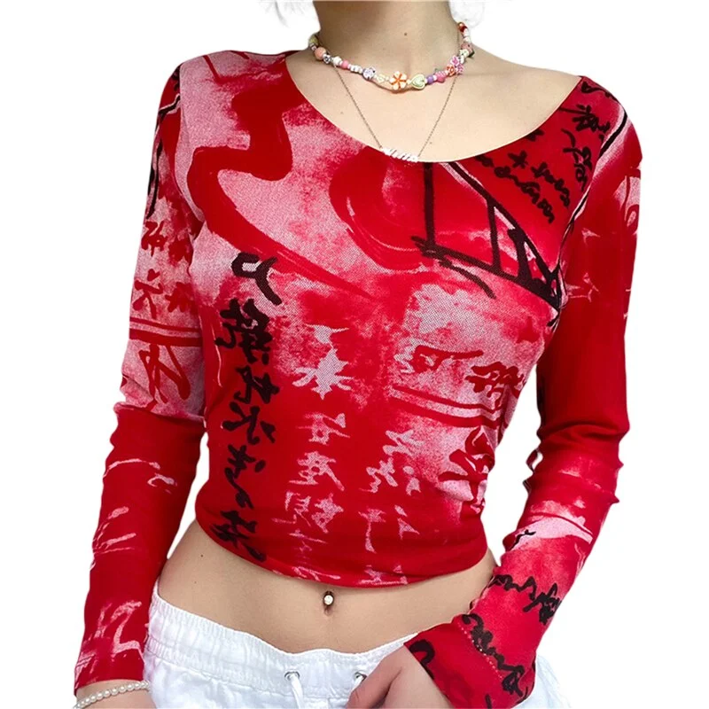 Xingqing Vintage Fashion Print Y2K Female T-shirt Autumn Crop Top Tee Aesthetic Long Sleeve T shirt Grunge Fairycore Pullovers