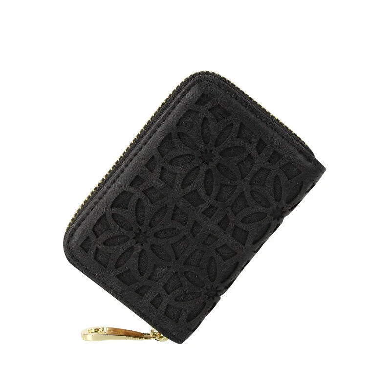 PURDORED 1 Pc Women Hollow Card Holder Zipper Frosted Leather Business Card Case Coin Purse Passport Cover Cards Wallet Carteira
