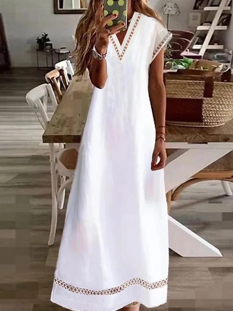 Women's V-neck Hollowed Out Solid Cotton And Linen Patchwork Lace Dress