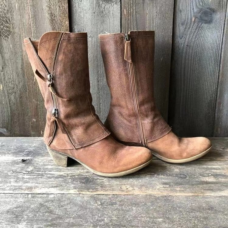 Comelyy Women's round toe thick heel side zipper mid-calf boots mumuwear