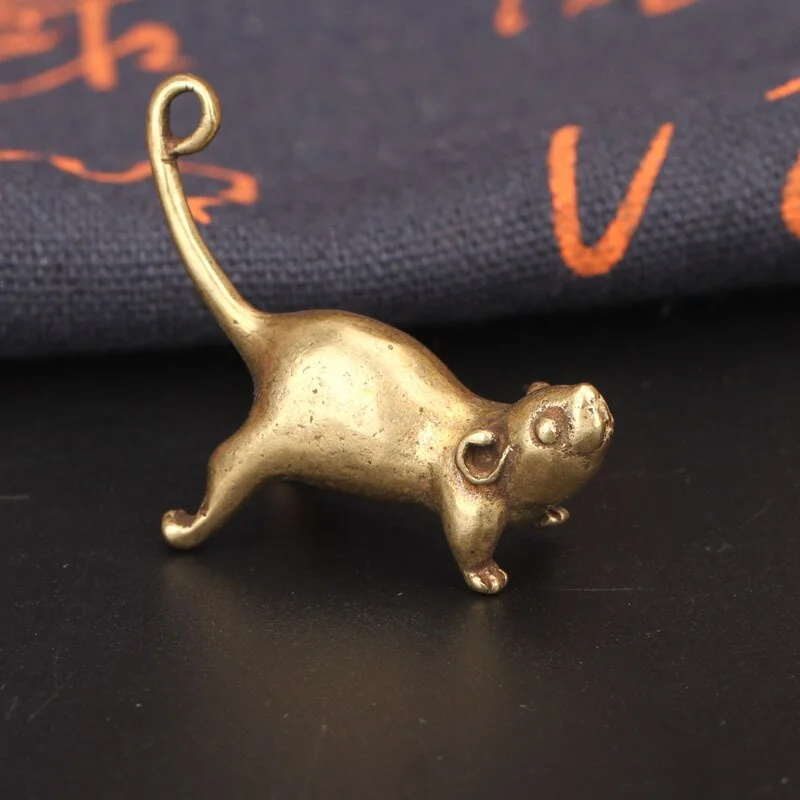 Ancient Brass Small Tea Pet Ornament Long Tail Cute Mouse Figurines Miniatures Copper Lucky Rat Study Living Room Decorations