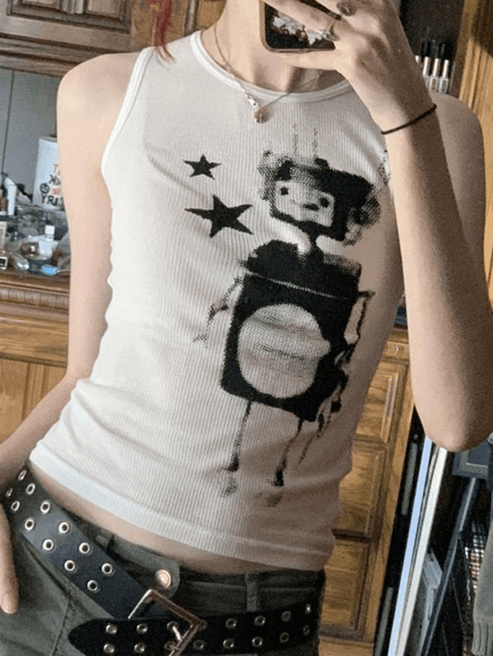 Brownm Pixel Robot Star White Cropped Tank Top