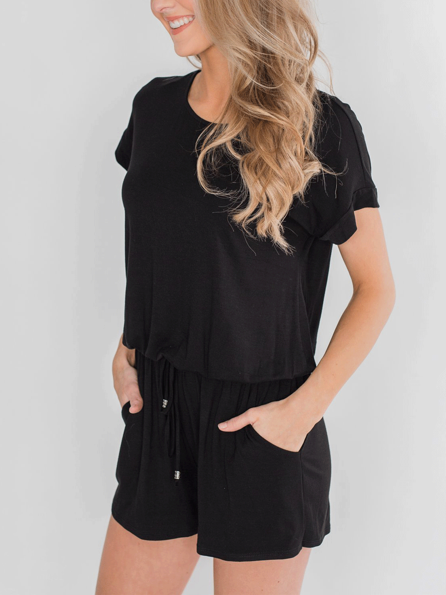 Short Sleeve Romper With Elastic Waist Tie