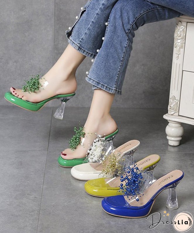 Green Stylish Clear High Heels Splicing Slide Sandals Bead Decorated