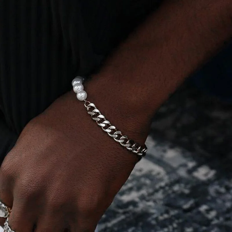 Hip Hop Half Pearls Cuban Link Chain Bracelet For Men Jewelry Gift-VESSFUL