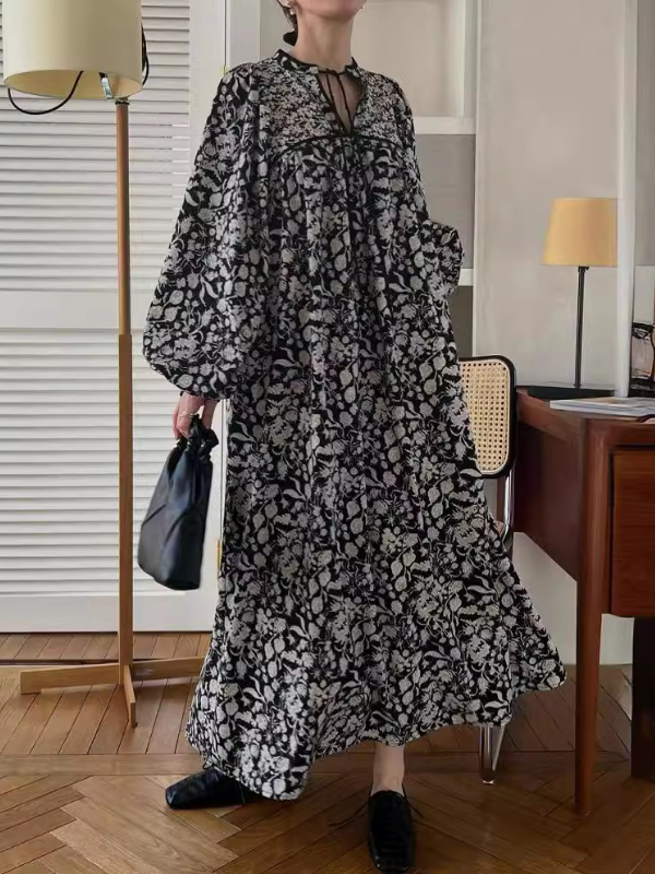 Printing Holiday Look Lazy Puffy Sleeves Loose Soft Two Wear Maxi Dress