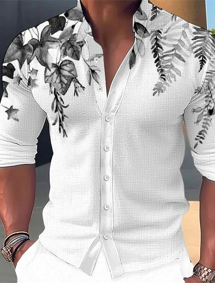 Kakacloud Brown Gray Fall Leaves Vintage Print Beach Aloha Shirt Men's 2025 Fall Casual Long Sleeve Hawaiian Lapel Shirt Men's Partywear