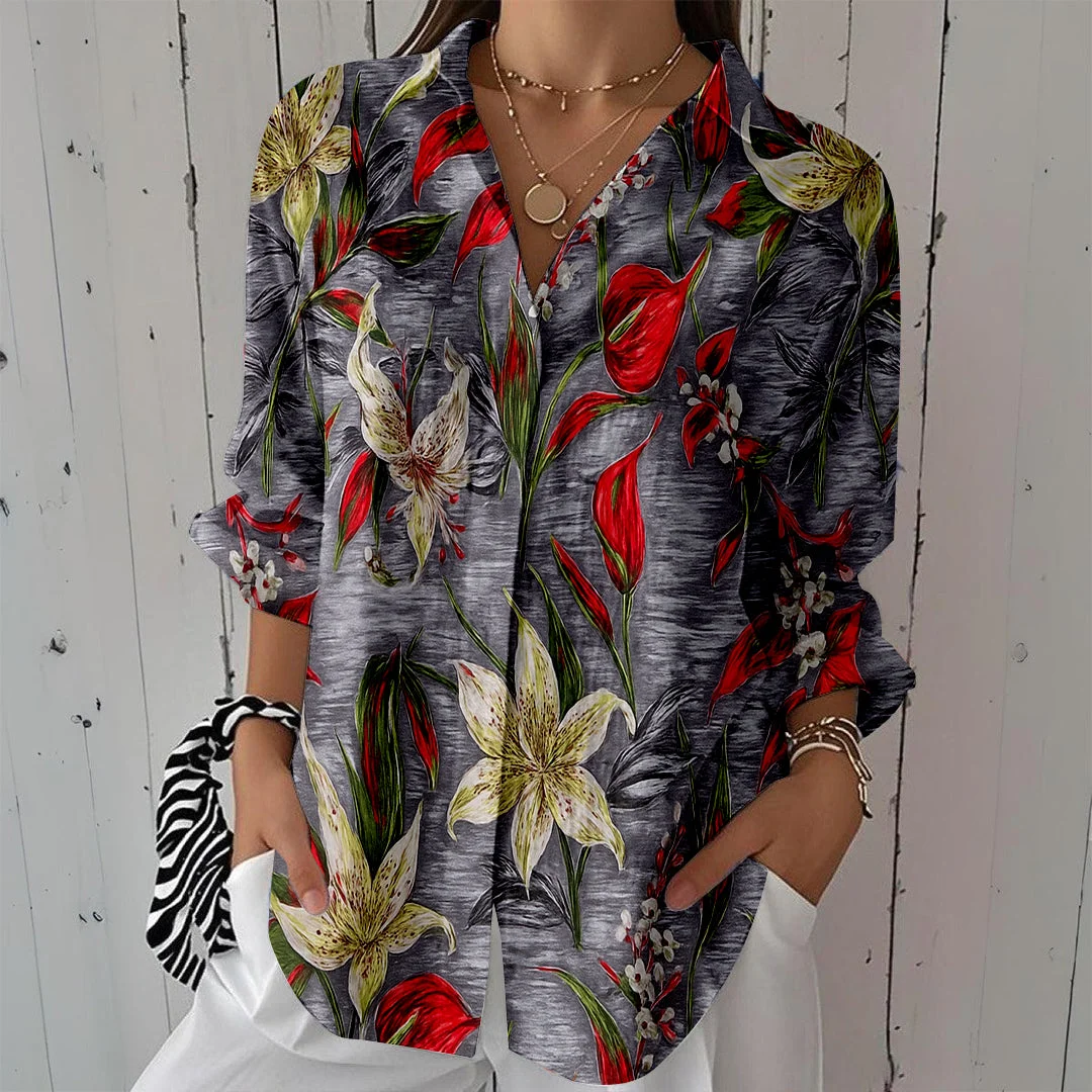 Style & Comfort for Mature Women Women Floral, Gray, Red DZCL0469 3/4 Sleeve Shirt Collar Printed Button Tops