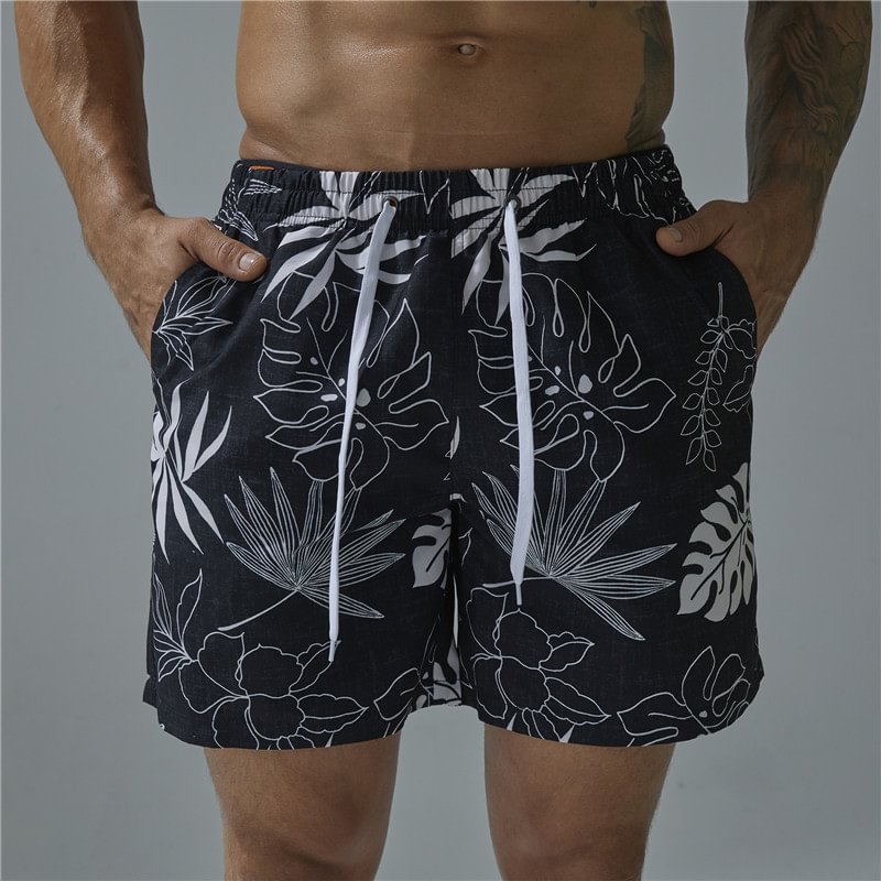 Summer Quick-drying Leaf Pattern Men's Surfing Beach Shorts-VESSFUL