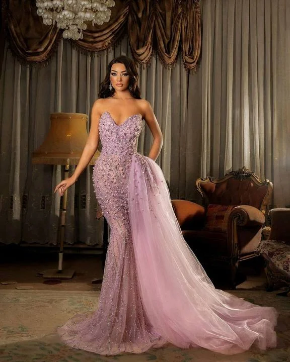 Hellodresses Gorgeous Tulle Strapless Sleeveless Mermaid Prom Dress With Beadings
