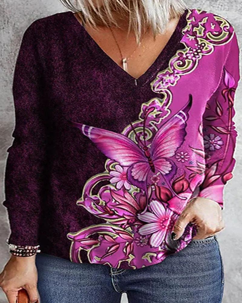 Women's Flower And Butterfly Print V Neck Long Sleeve Plus Size Top