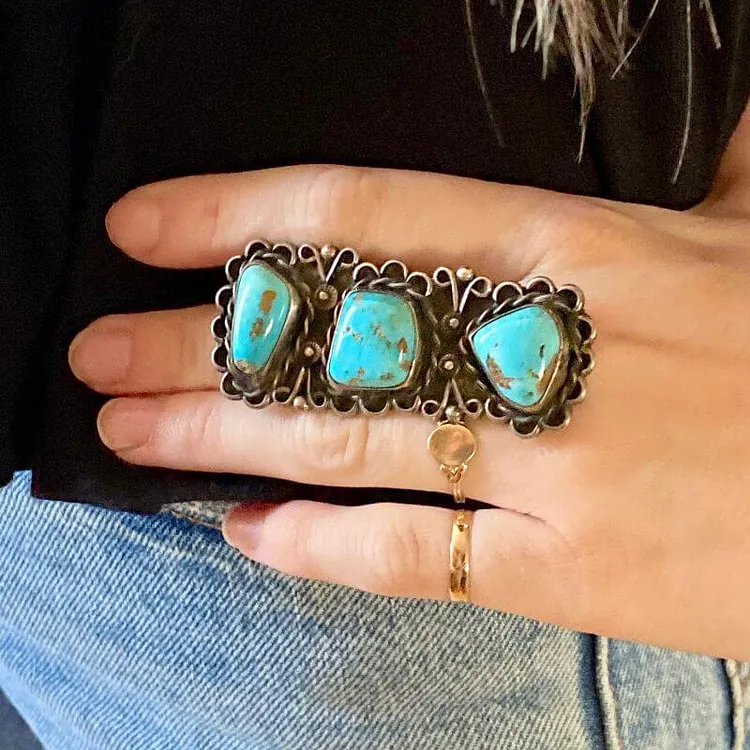 Long Turquoise and Sterling Silver Ring by Navajo Artist Frank Atencio Size 9