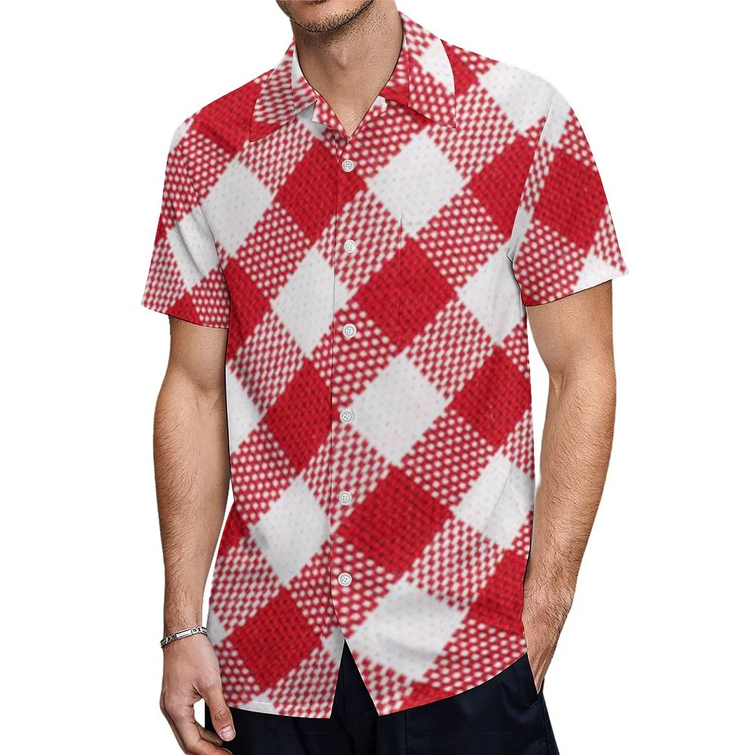 Short Sleeve Red White Checkered Hawaiian Shirt Mens Button Down Plus Size Tropical Hawaii Beach Shirts