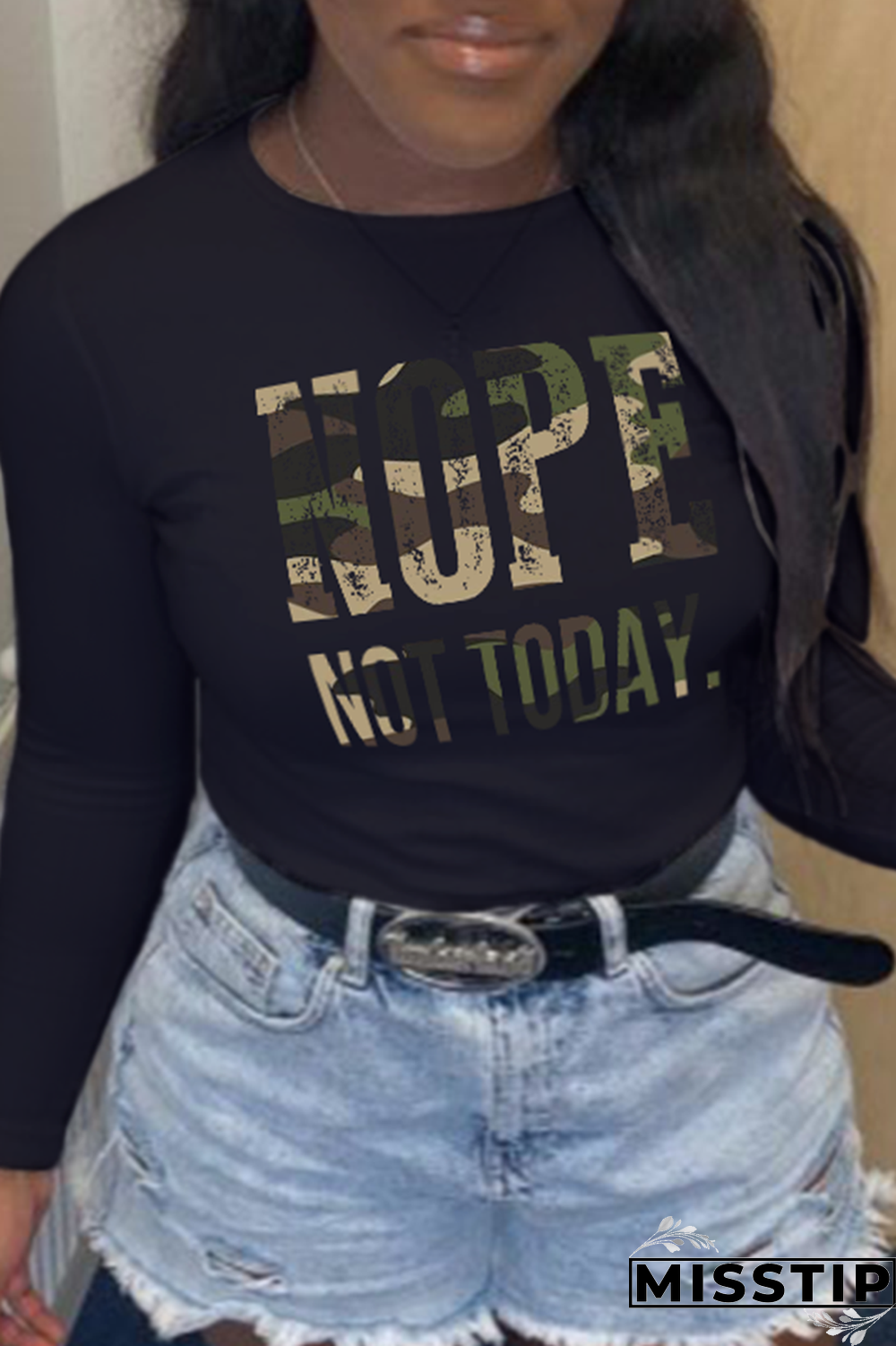 Black Casual Print Patchwork O Neck Tops