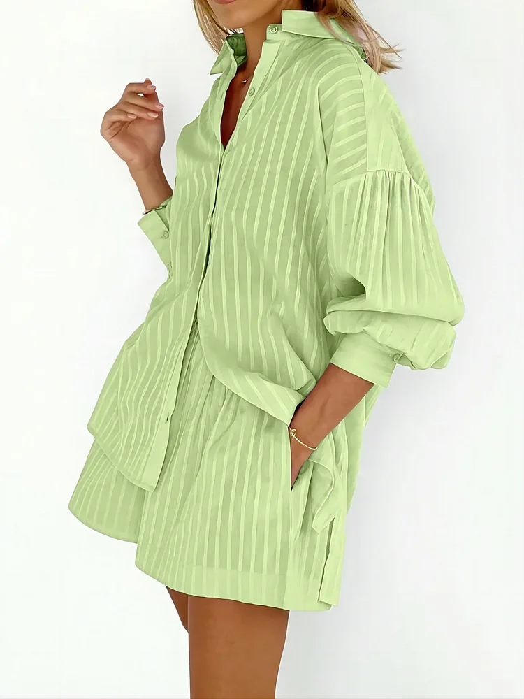 Women's 2Piece Set Long Sleeve Lapel Shirt and Straight Short Pant