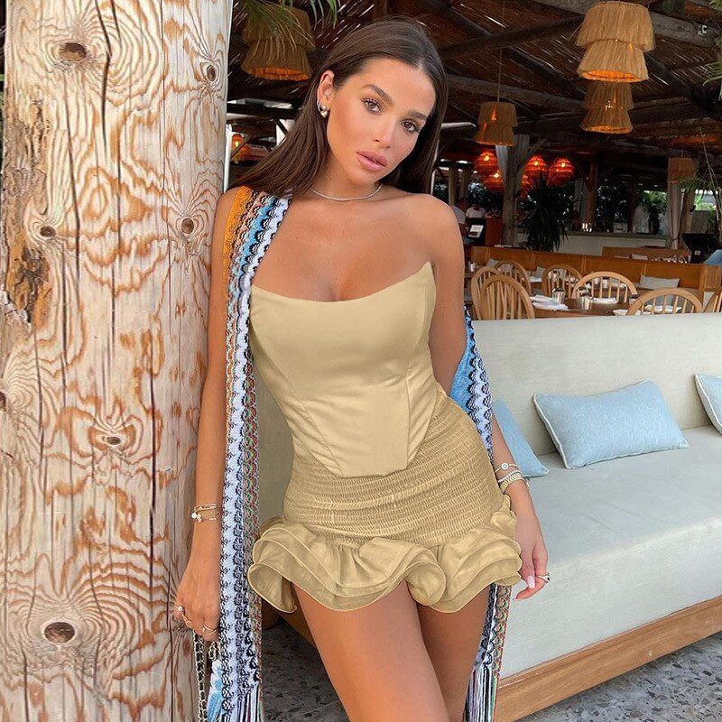 FSDA Strapless 2022 Summer Sleeveless Crop Top Women Y2K Mini Skirts Bodycon Sexy Two Piece Sets White Beach Khaki Party Outfits