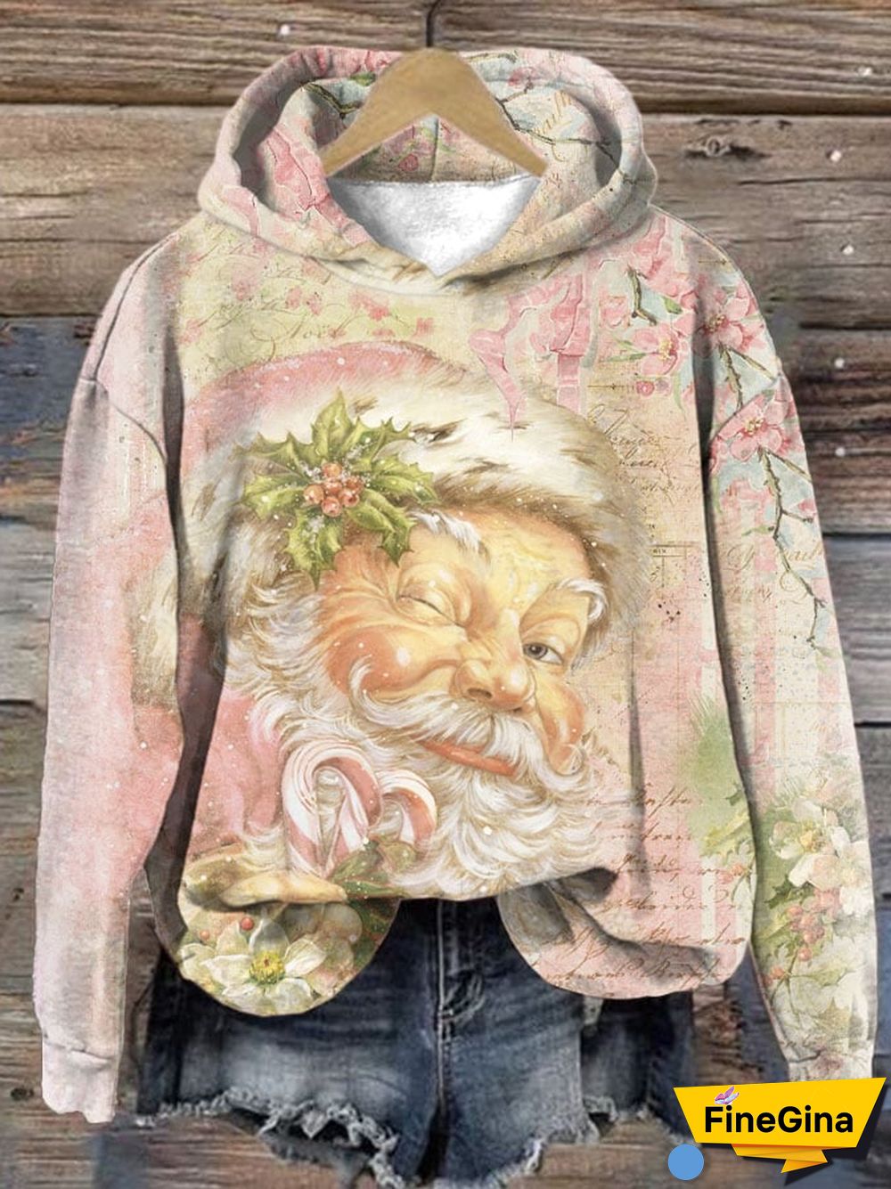 Pink Vintage Santa Claus Print Casual Hoodie