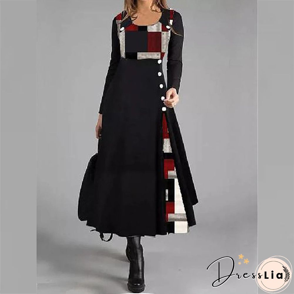Womens O-Neck Patchwork Button Loose Pullover Long Dress Autumn Pattern Print A-Line Party