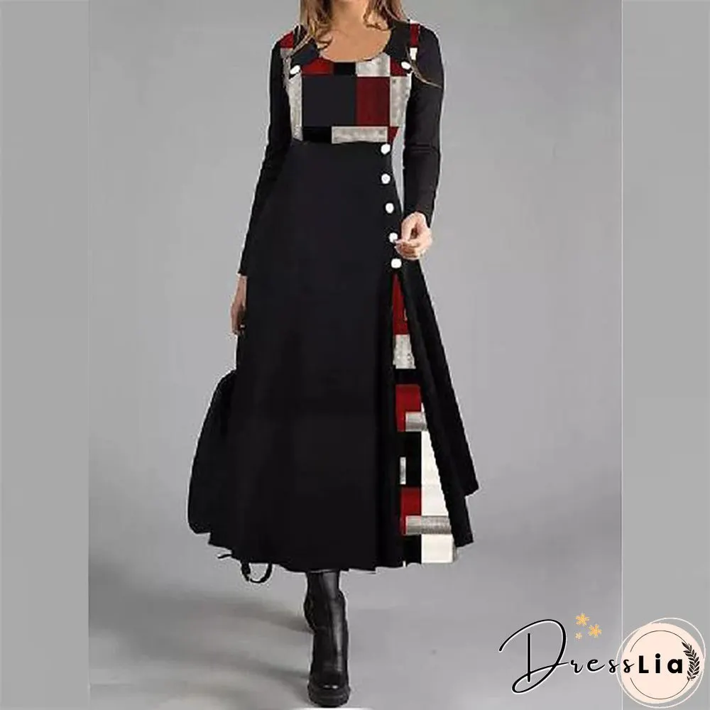 Womens O-Neck Patchwork Button Loose Pullover Long Dress Autumn Pattern Print A-Line Party