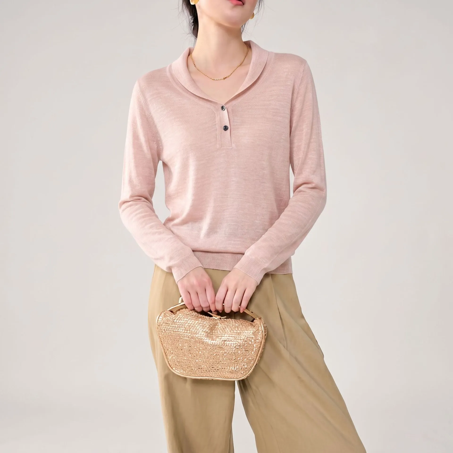 Women's V Neck Henley Knit Long Sleeve Top