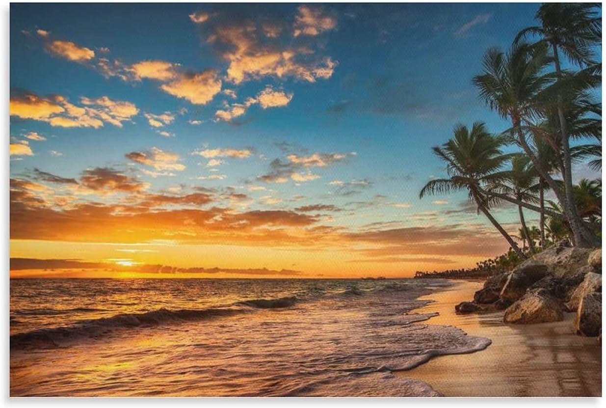 AOMACA Posters Paradise Beach Wall Art Decor Sunset Ocean Beach Glass Coconut Tree Canvas Pictures Modern Home Artwork for Bedroom Living Room Wall Decor 08x12inch(20x30cm) Unframe-Style
