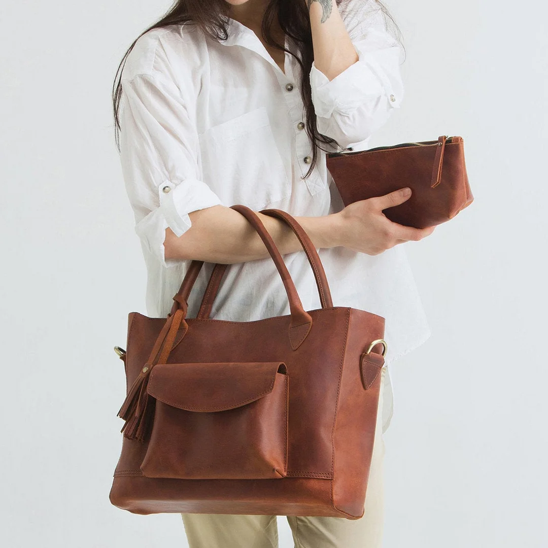 Women's Retro Handbag Oil Wax Leather Large-Capacity Luggage Bag Multifunctional Bag