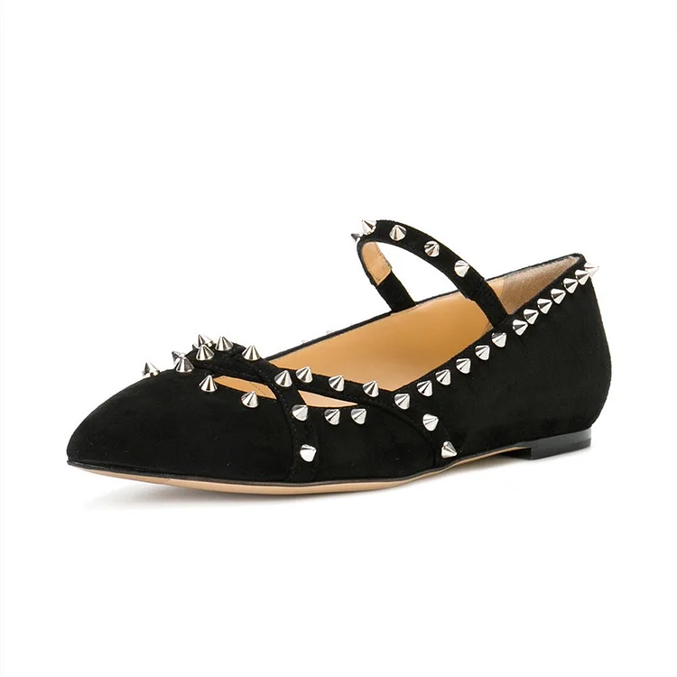 Black Rivets Mary Jane Shoes Pointy Toe Flats School Shoes |FSJ Shoes
