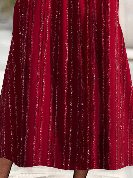 Women's 3/4 Sleeve V-neck Striped Printed Lace Stitching Midi Dress