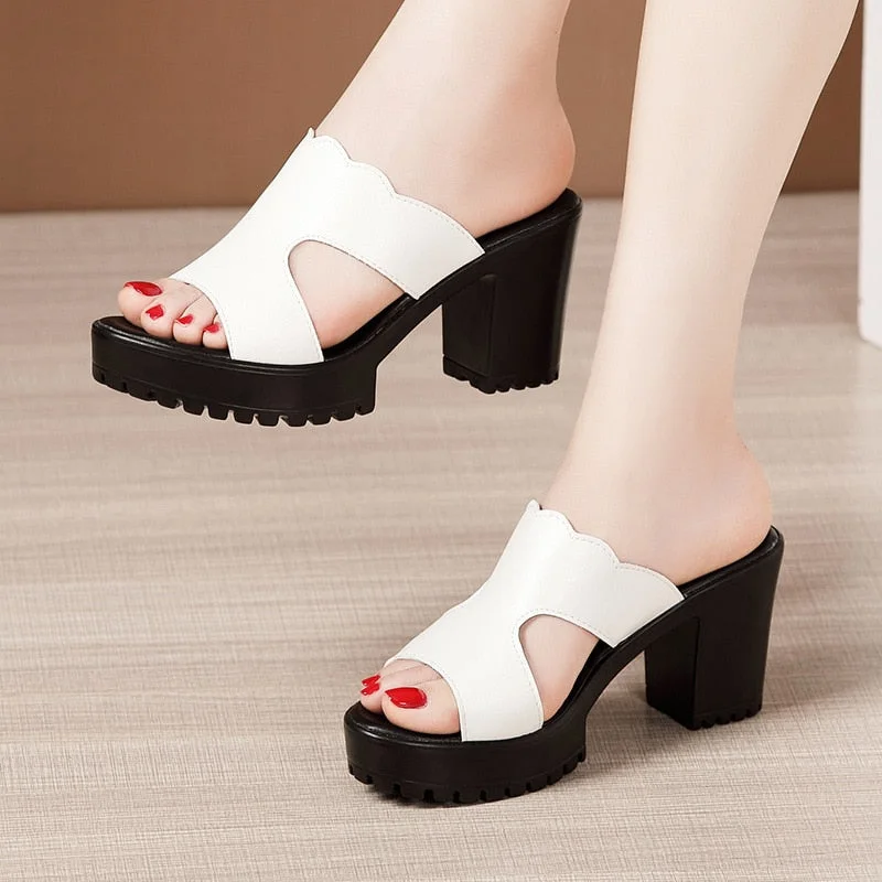 Heel Platform Slippers Women Wedding Shoes Summer 2021 Leather Slippers High Heels Slides Ladies Slipper