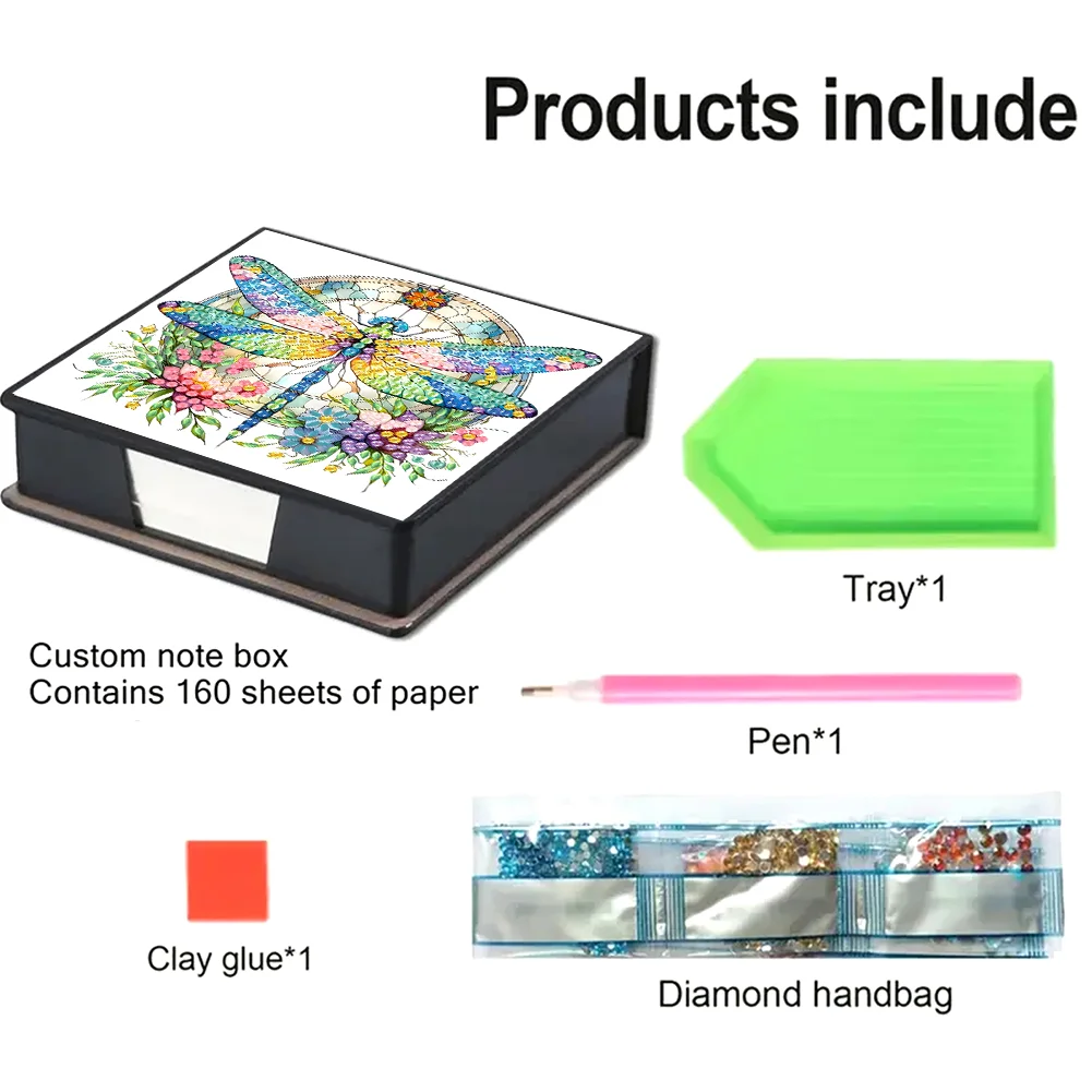 DIY Flower Dragonfly Leather Diamond Art Note Box with 160 Sheets of Paper for Beginners