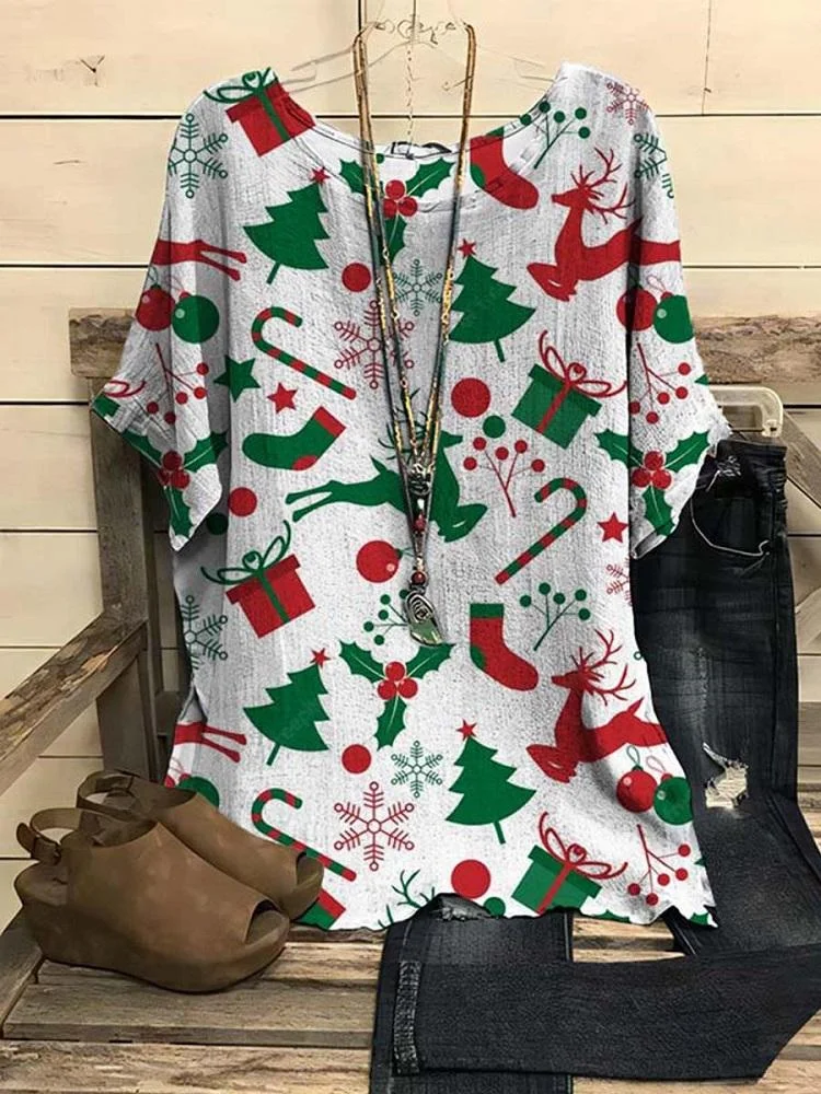 Women‘s Loose Christmas Art Printed T-Shirt