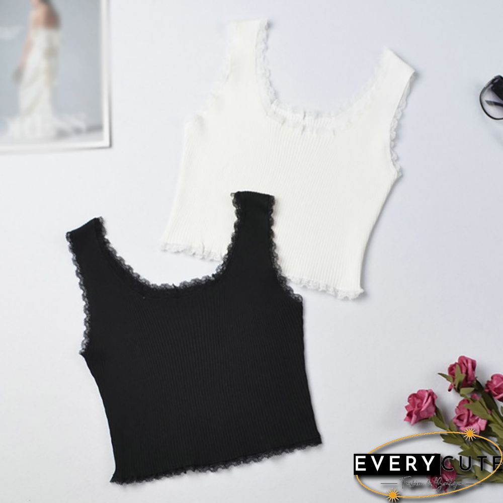Ace Trim Tank Top Solid Color Knit Bottoming Vests Fashion Trendy Womens Camisoles Crop Top
