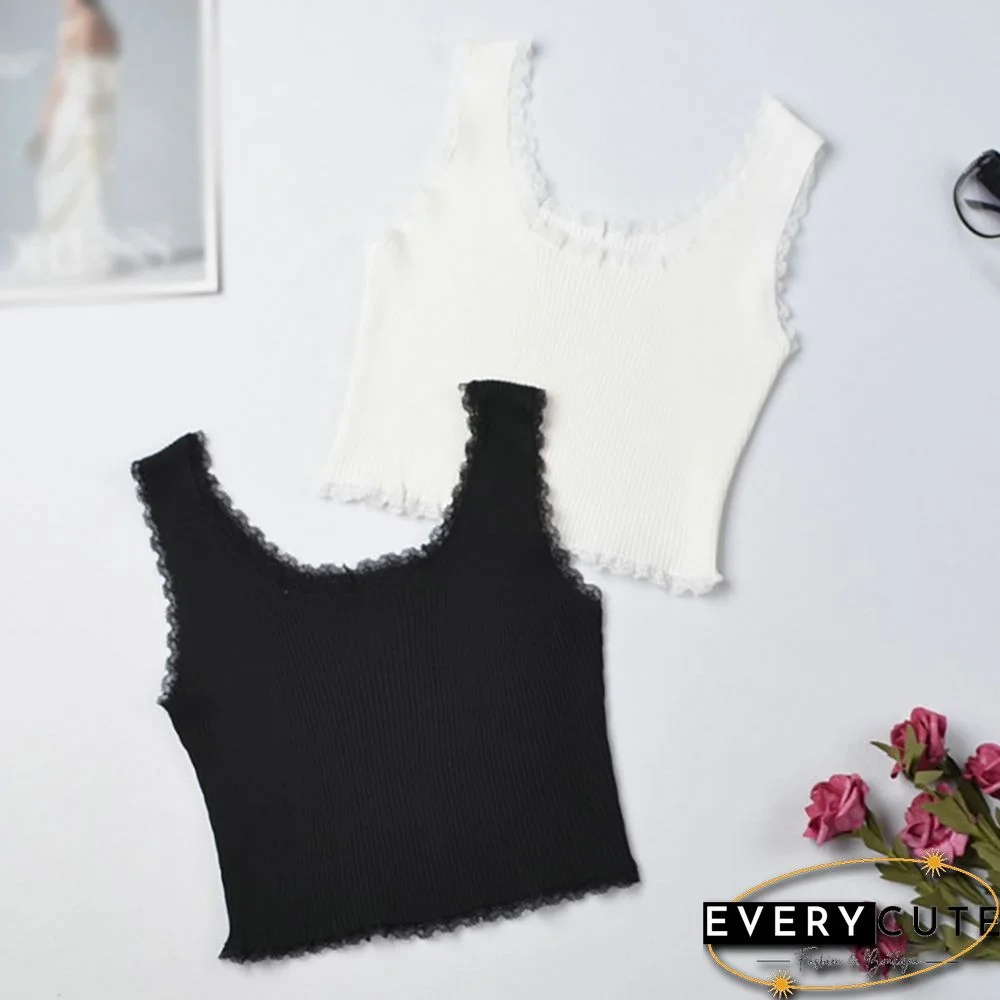 Ace Trim Tank Top Solid Color Knit Bottoming Vests Fashion Trendy Womens Camisoles Crop Top